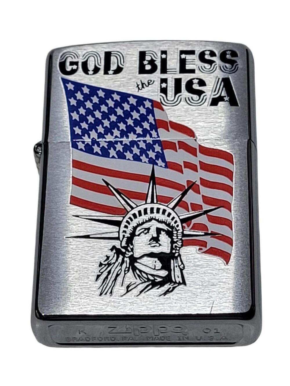 NOS Zippo GOD BLESS the USA LADY LIBERTY & American Flag Unfired 2001